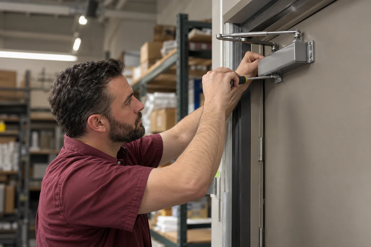Maintenance technician repairing an interior fixture at a commercial property
