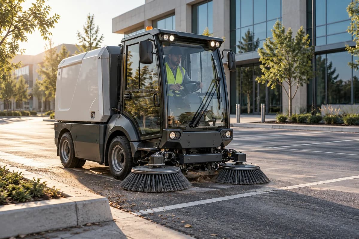 Industrial sweeping machine cleaning a commercial parking area