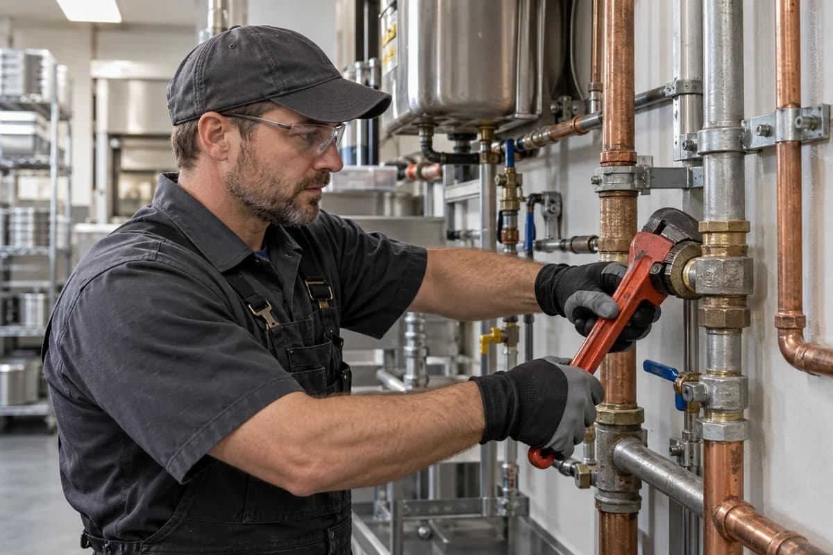 Plumber working on piping in a commercial building