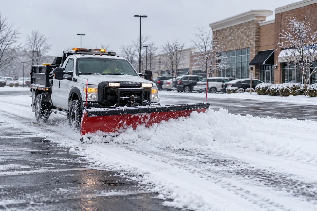 Snowplow clearing snow from a commercial parking lot